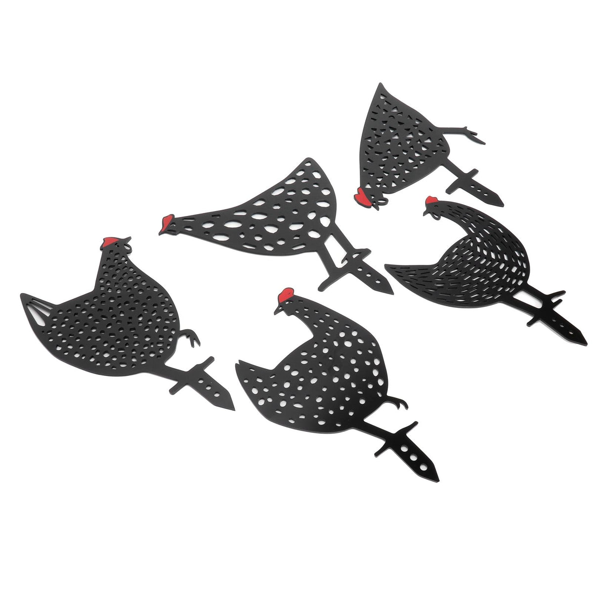 Set of five acrylic chicken stake statues in animal shapes for garden or yard decor, black color, suitable for outdoor decoration.