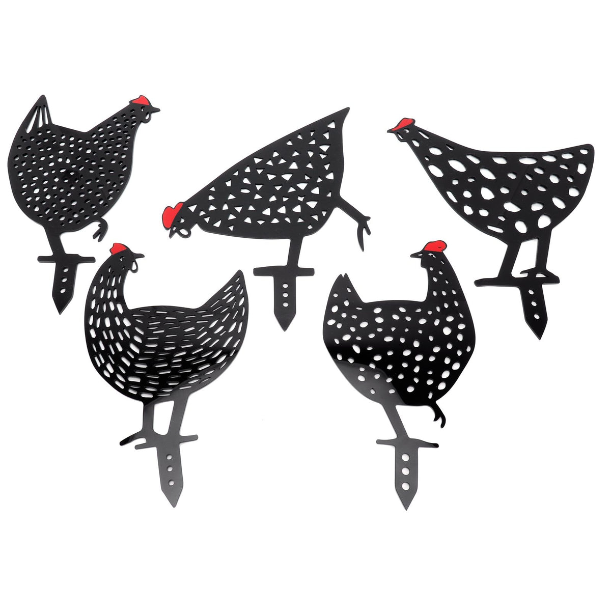 Set of five black acrylic chicken stake statues with animal shapes for garden yard outdoor decor, suitable for kids' outdoor play areas
