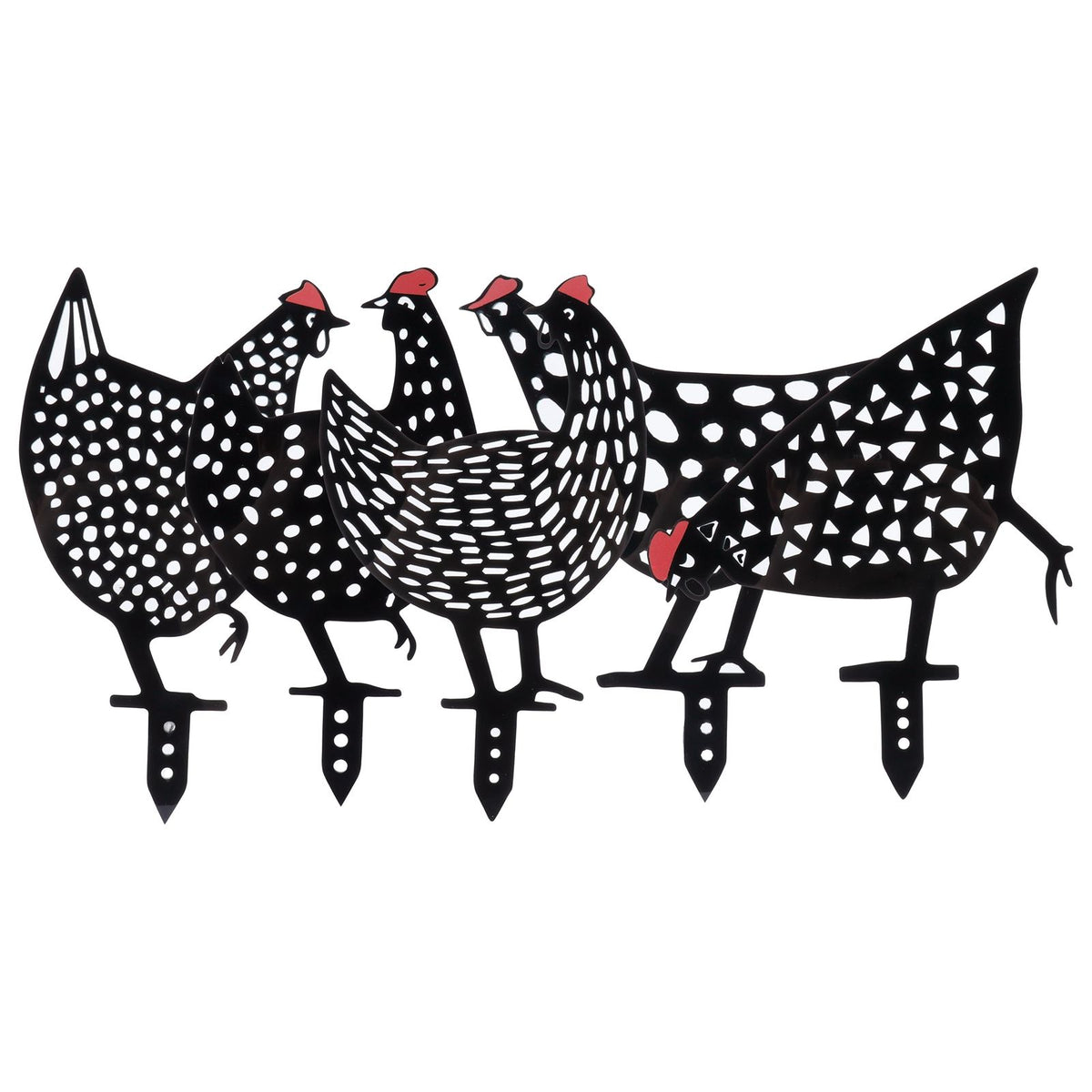 Set of five black acrylic chicken stake statues featuring animal shapes, ideal for garden and yard outdoor decoration.