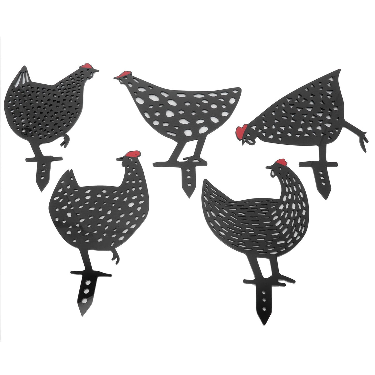 Set of five black acrylic chicken stake statues with animal shapes, outdoor garden yard decoration for kids' play areas.