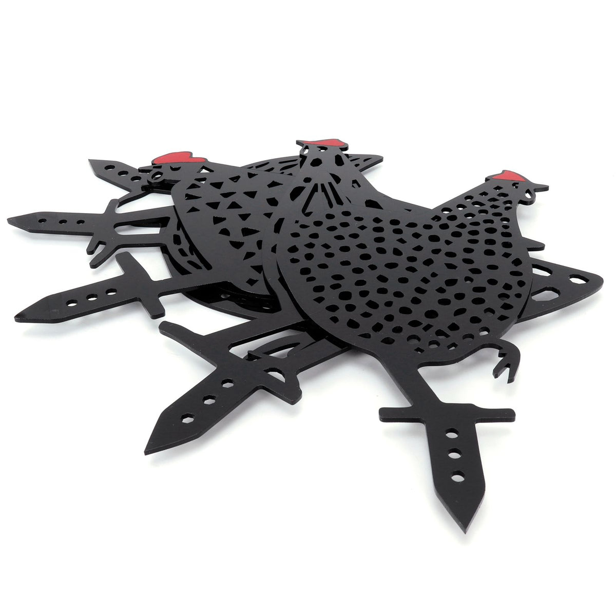 Set of five acrylic chicken stake statues with animal shapes for garden or yard decoration, black color, suitable for outdoor use.
