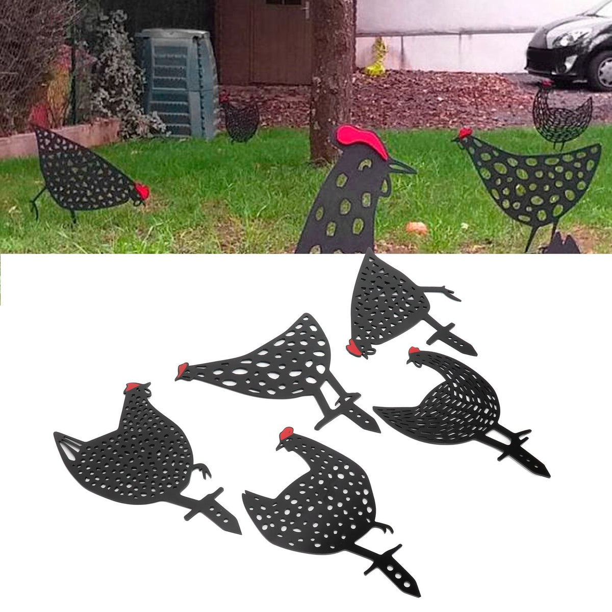 Set of five black acrylic chicken stake statues with cute animal shapes for garden or yard outdoor decoration.