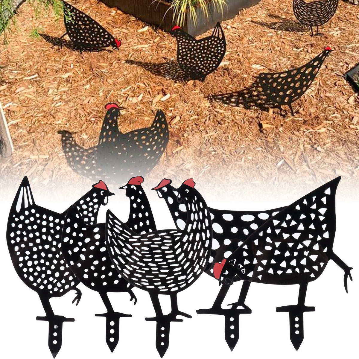 Set of five acrylic chicken stake statues in animal shapes, black decorative garden yard ornaments for outdoor decor.