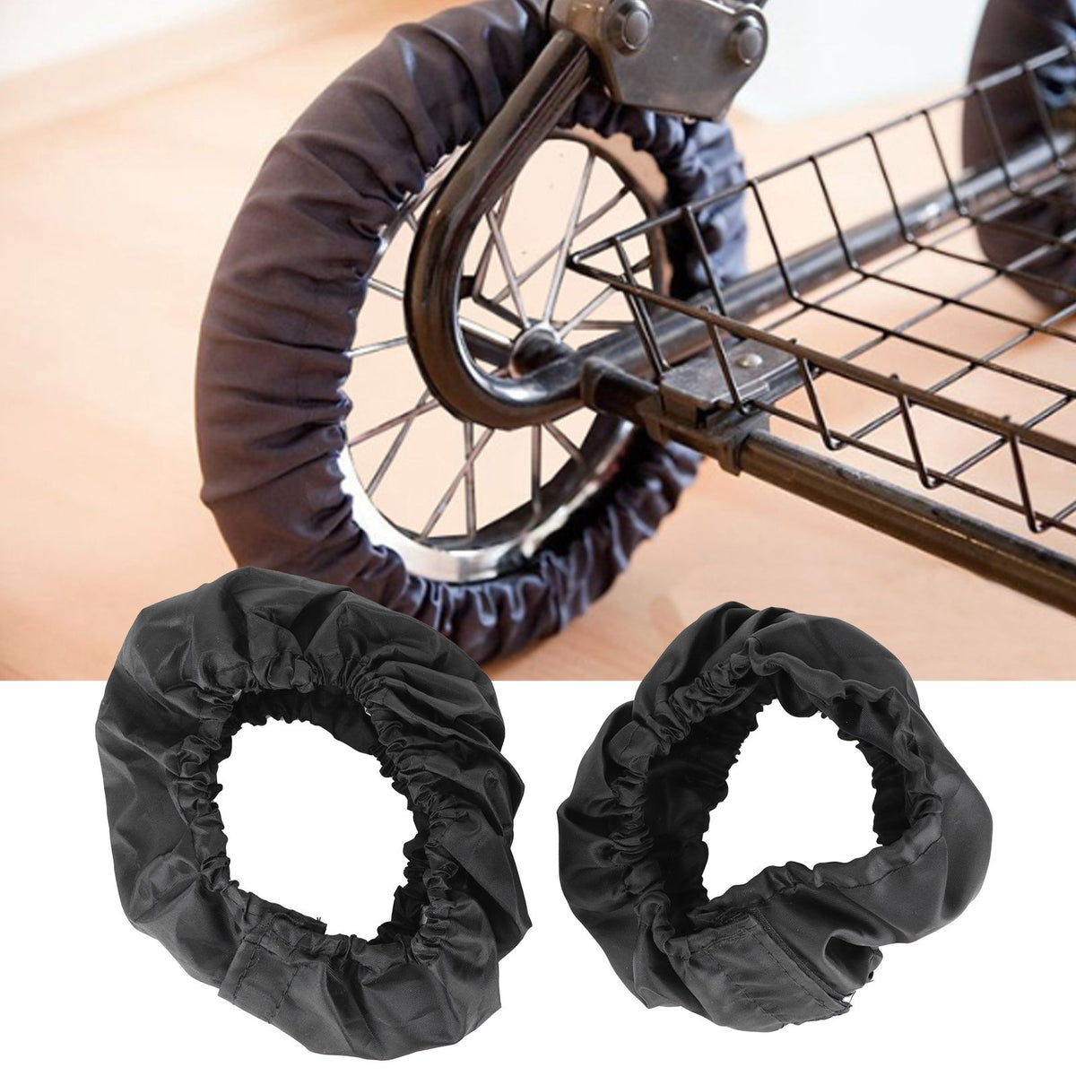 Two stroller wheel covers made of Oxford cloth, dustproof protectors for infant pushchair tires with 12-16cm diameter.