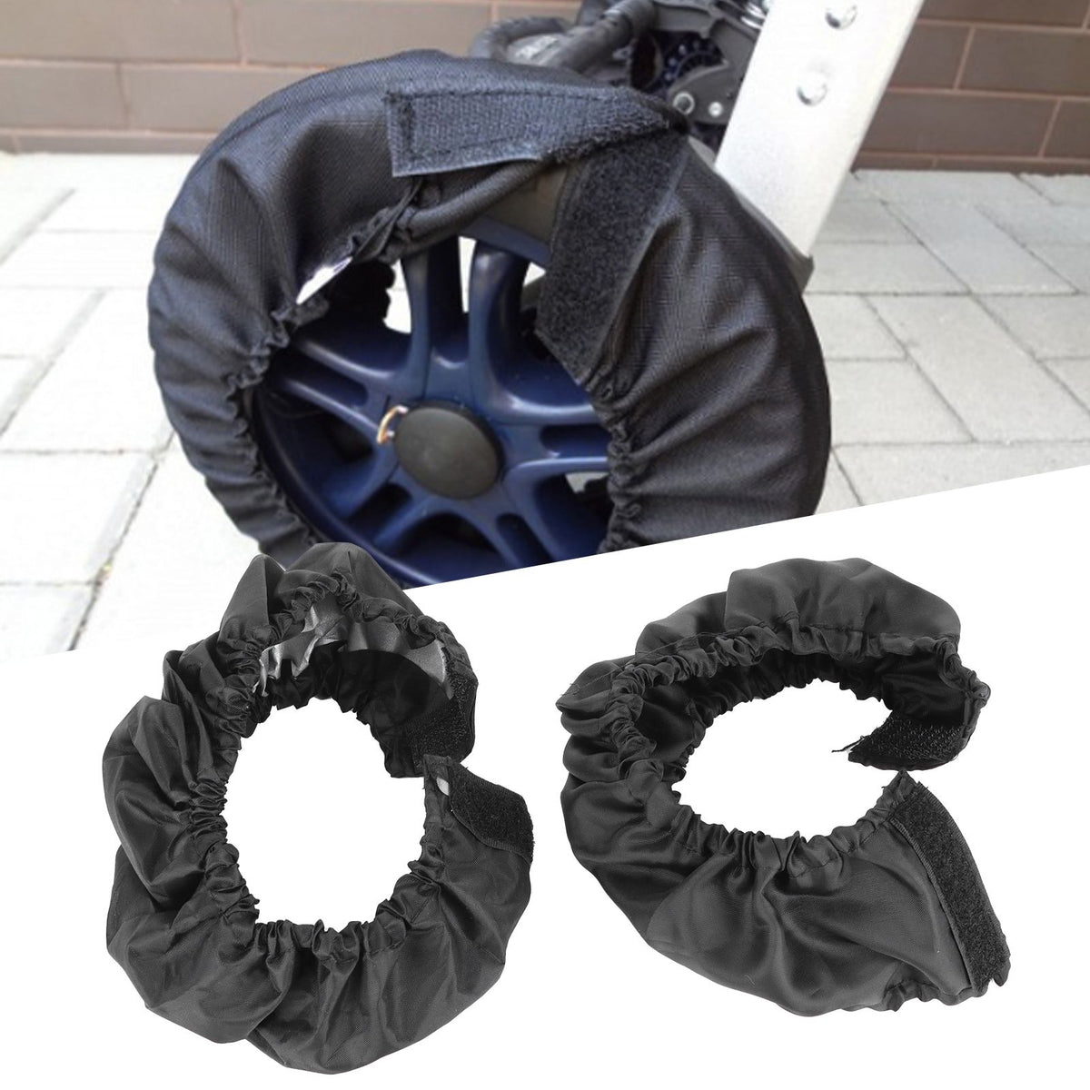 Two stroller wheel covers made of Oxford cloth by Everything Baby, dustproof tire protectors for 12-16cm small pushchair wheels.