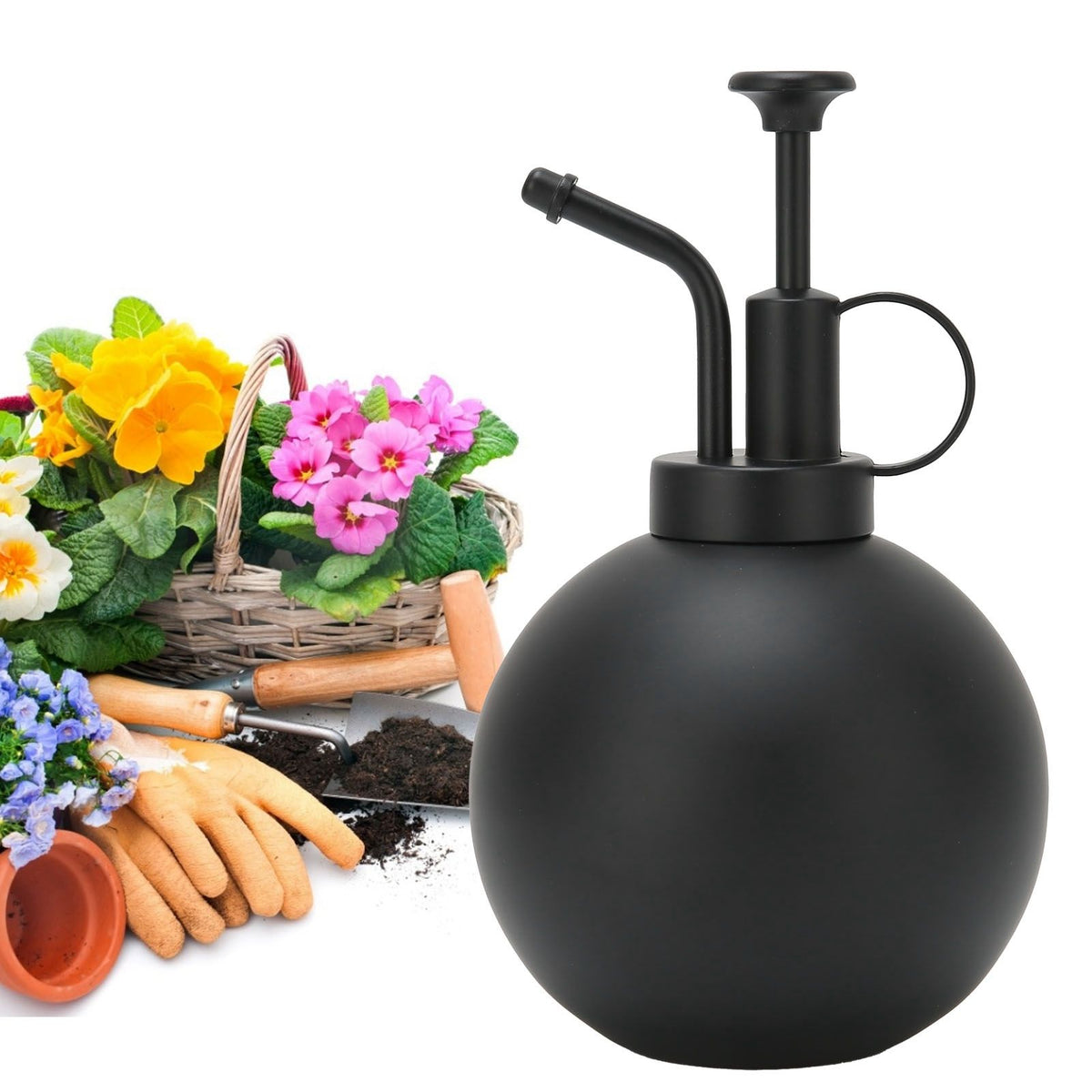 Vintage 500ml black watering pot with hand press spray nozzle, ideal for garden or balcony outdoor play and gardening activities.