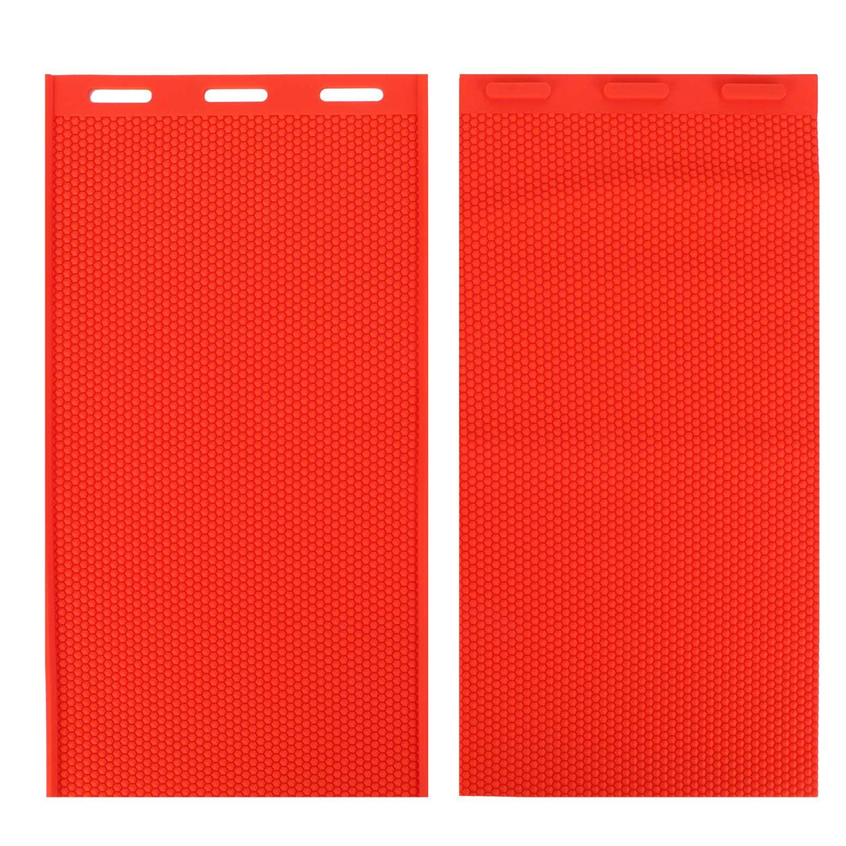 Two red beeswax sheet DIY comb foundation press molds for beekeeping, used for making beeswax foundations.