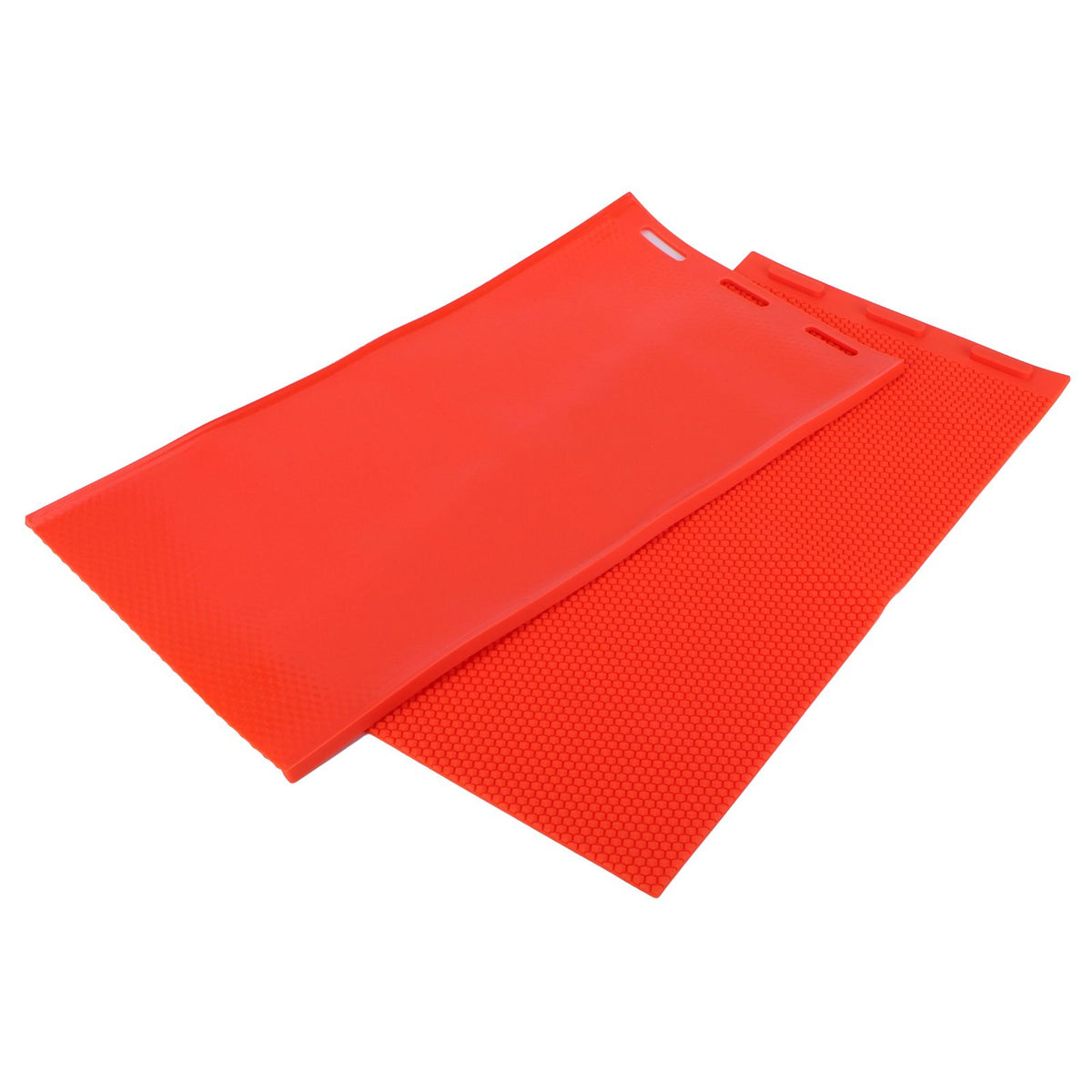 Two red beeswax sheet DIY foundation press molds for beekeeping, with rubber comb design, used for honeycomb foundation shaping.