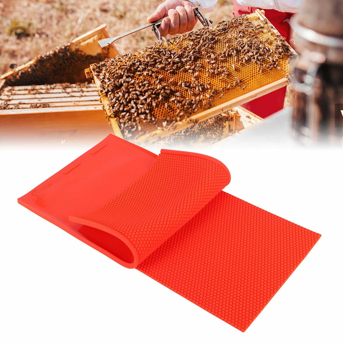 Two red beeswax sheet DIY foundation press molds for beekeeping, used for making beeswax foundation sheets.