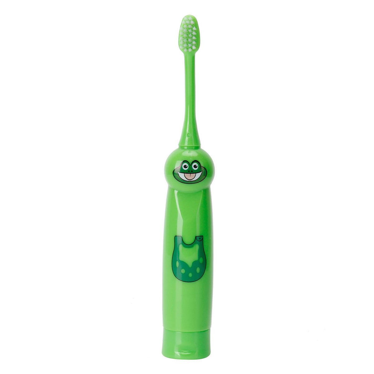 Children's electric toothbrush with cartoon pattern, waterproof design, green color, suitable for kids' teeth cleaning and grooming.