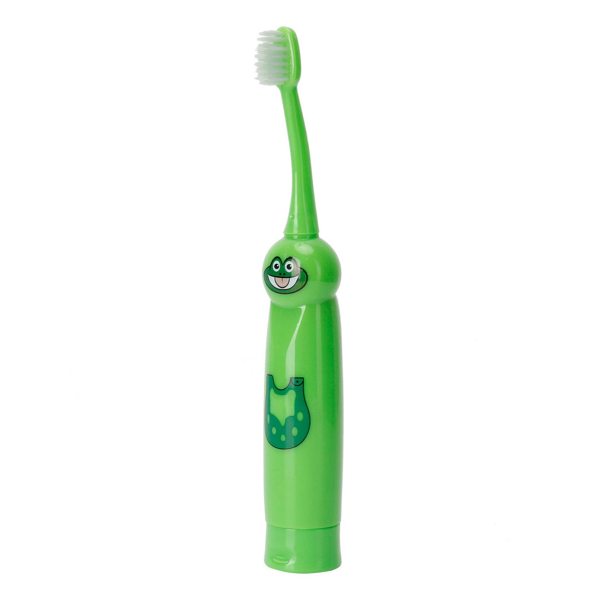 Children's electric toothbrush with cartoon pattern, waterproof design, green color, designed for kids' teeth cleaning.
