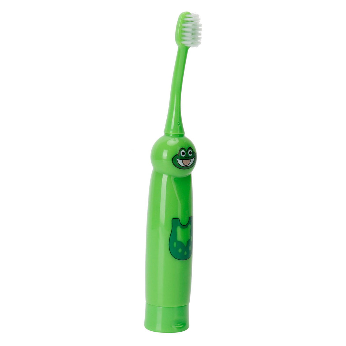 Children's electric toothbrush with cartoon pattern, waterproof design, green color, ideal for kids' teeth cleaning and grooming.