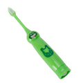 Children's waterproof electric toothbrush with cartoon pattern, green color, designed for kids' dental care and teeth cleaning.