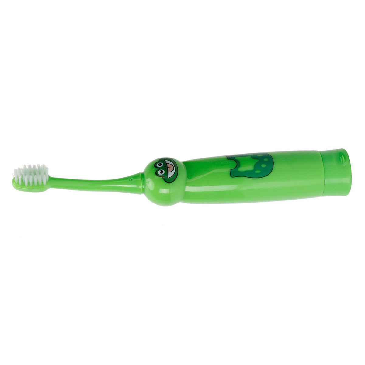 Green children's electric toothbrush with cartoon pattern, waterproof design, suitable for kids' teeth cleaning, by Everything Baby.