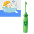 Children's waterproof electric toothbrush with cartoon pattern, green color, designed for kids' dental cleaning and grooming.