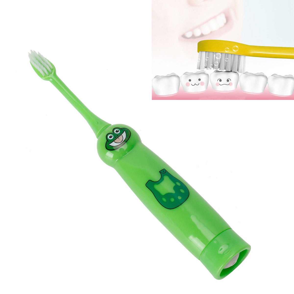 Children's electric toothbrush with cartoon pattern, waterproof design, green color, suitable for kids' dental cleaning by Everything Baby.