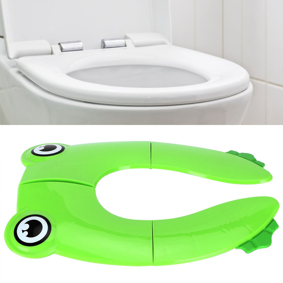Green portable baby potty seat pad by Everything Baby, non-slip toddler toilet training seat for travel with foldable design.