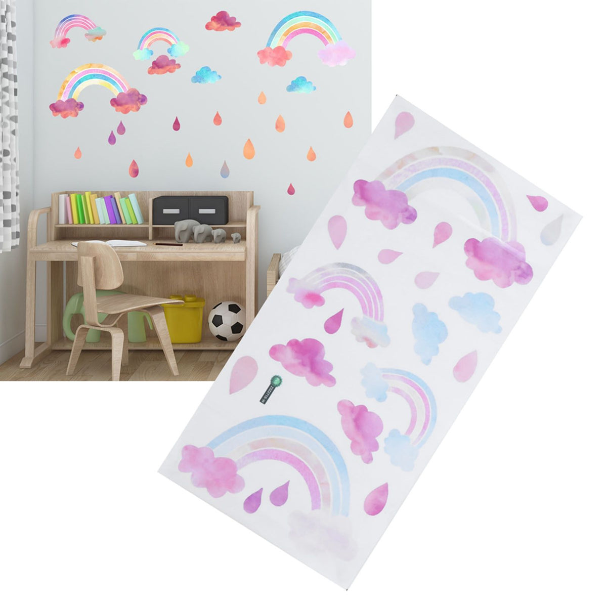 Self-adhesive wall sticker with cute clouds and raindrops for children's room decor, from Everything Baby.