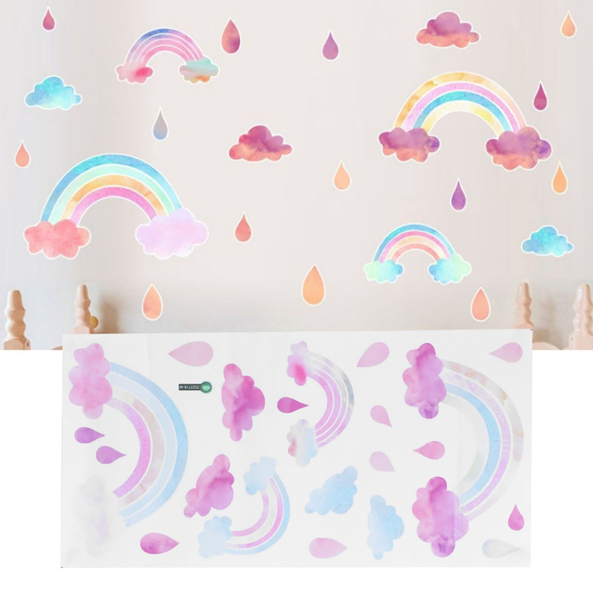 Self-adhesive wall sticker with cute clouds and raindrops, ideal for children's room decor, by Everything Baby.