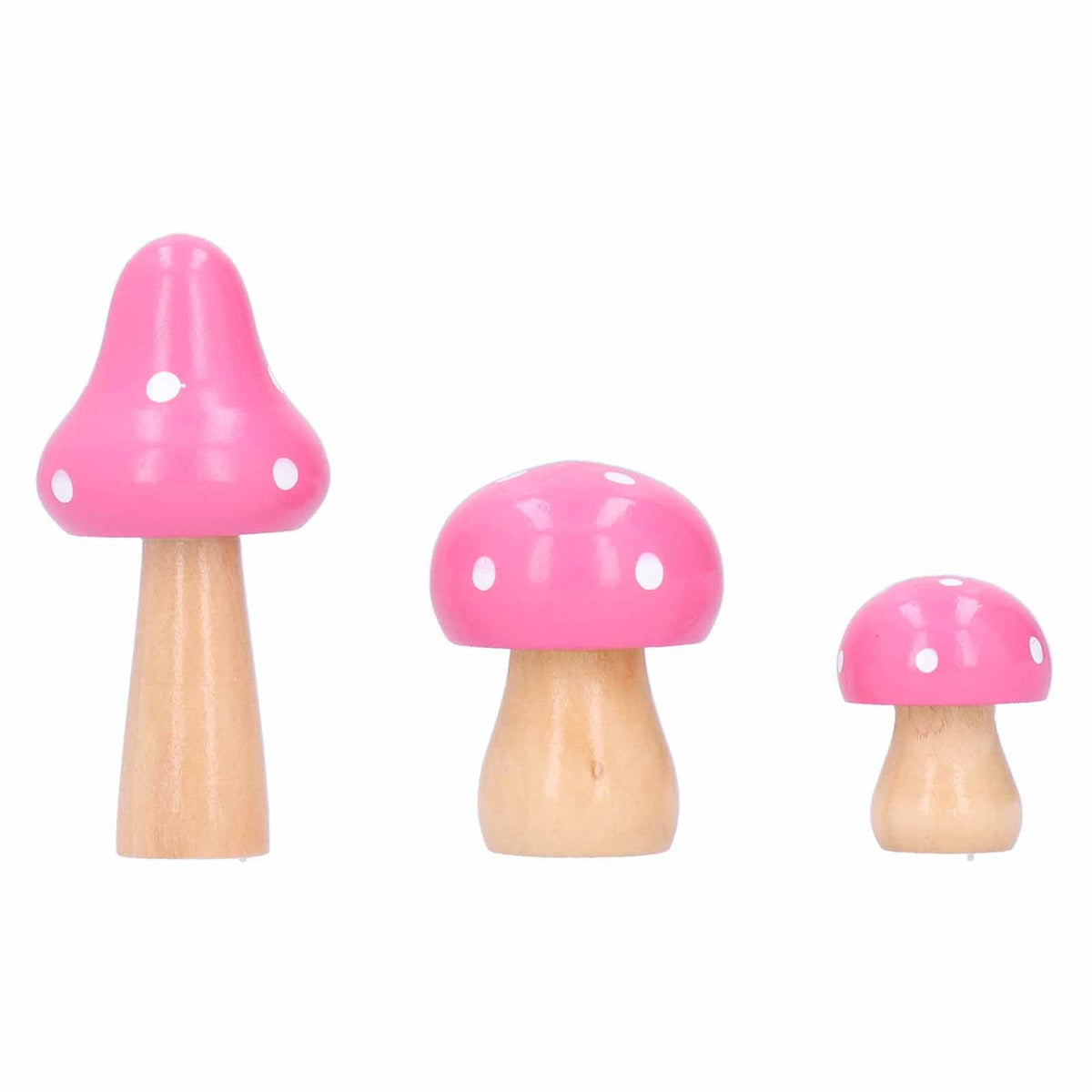 Set of three pink mushroom wooden ornaments for kids' toys and home decor, featuring cute, handcrafted building craft designs.