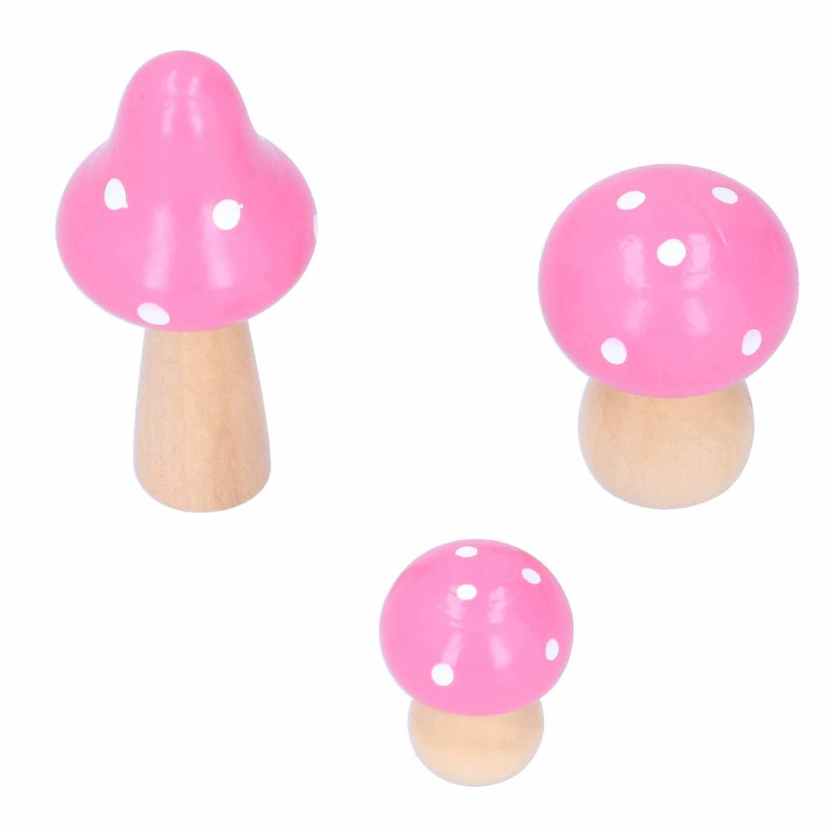Set of three pink mushroom wooden ornaments for kids' toys and home decor, featuring cute and innovative design by Everything Baby.