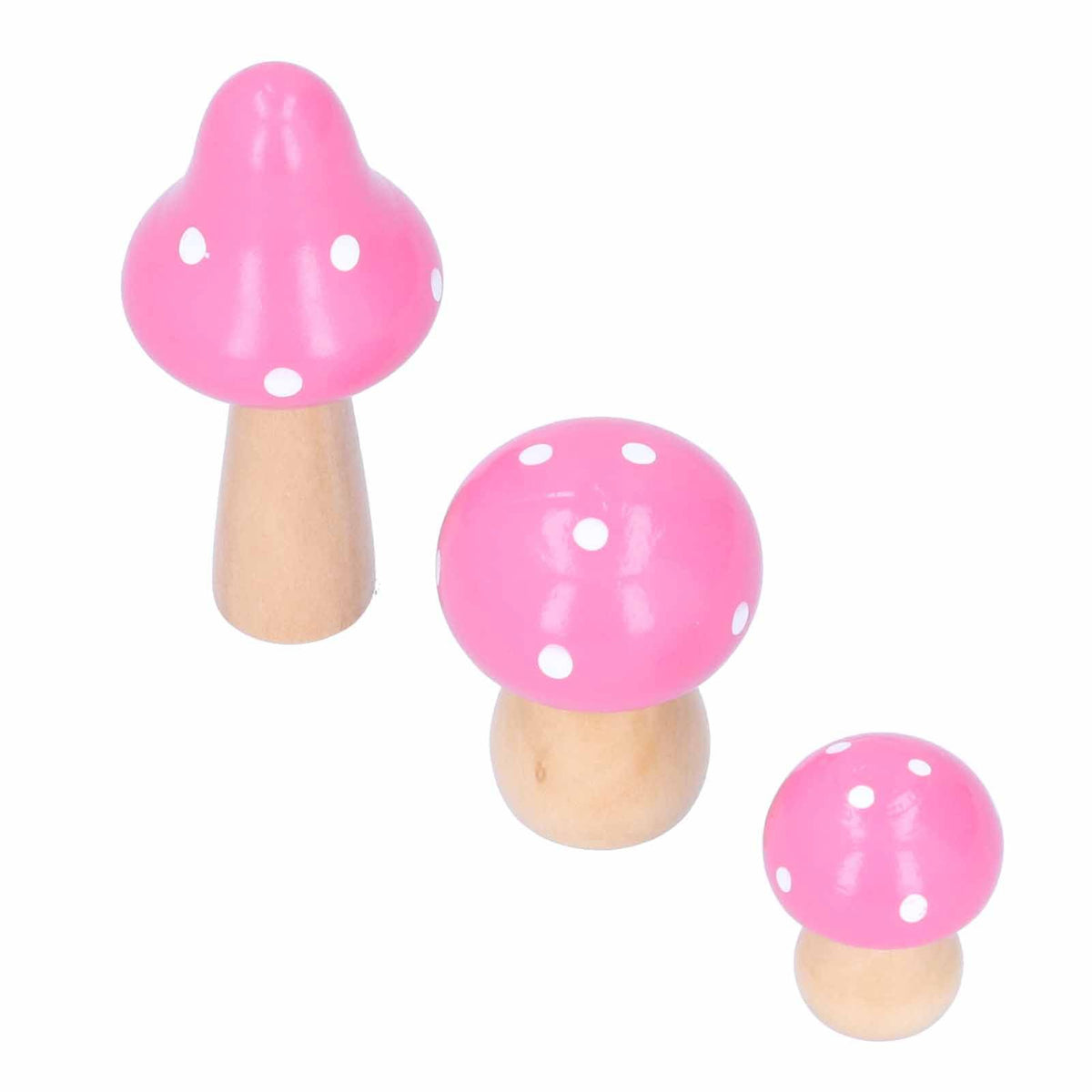 Set of three adorable pink mushroom wooden ornaments for home or office decor, from Everything Baby.