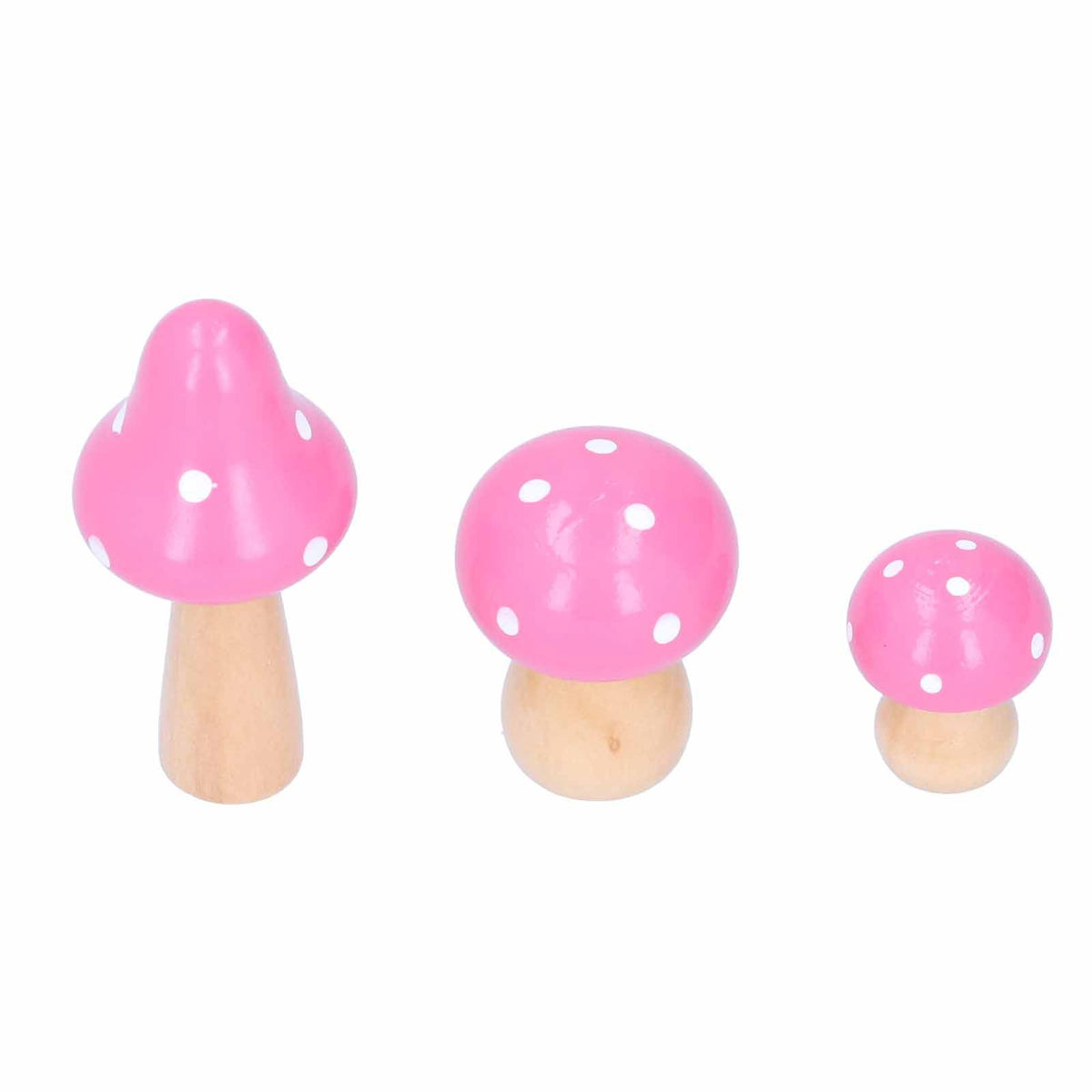 Set of three pink mushroom wooden ornaments for home or office decor, from Everything Baby, featuring cute, handcrafted design.