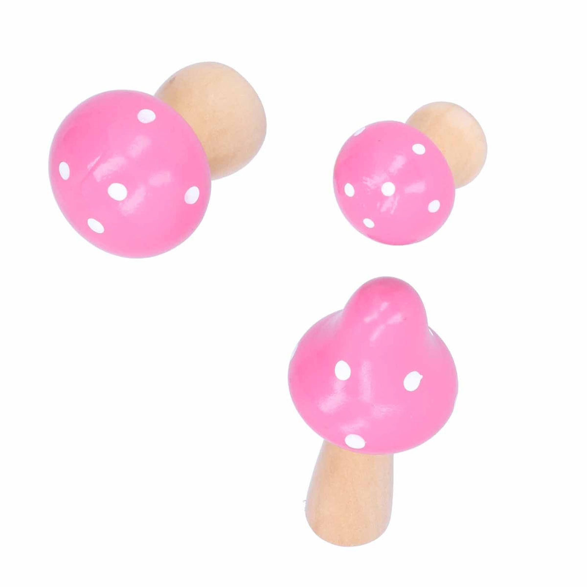 Set of three cute pink mushroom wooden ornaments for home or desk decoration, ideal for kids' crafts and playful decor.