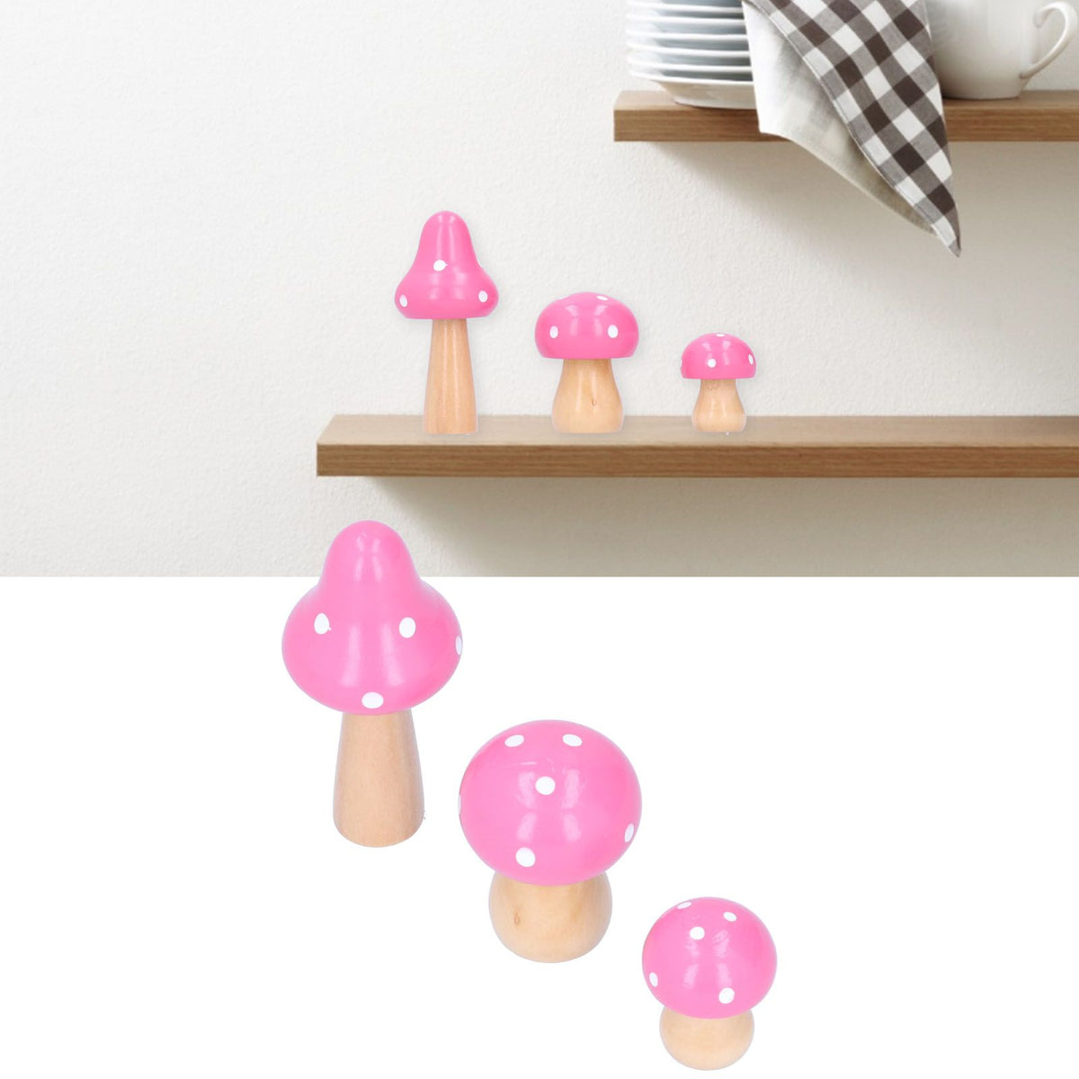 Set of three pink wooden mushroom ornaments for home and office decor, featuring cute, innovative craft design by Everything Baby.