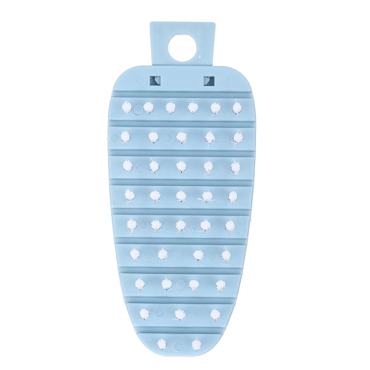 Blue carrot-shaped vegetable and potato scrubber brush for cleaning fruits and vegetables in the kitchen.