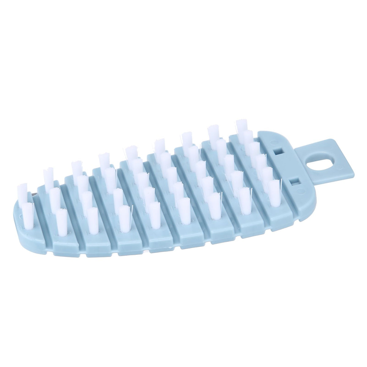 Blue carrot-shaped vegetable brush for potatoes and fruits, designed for kitchen cleaning and vegetable scrubbing.