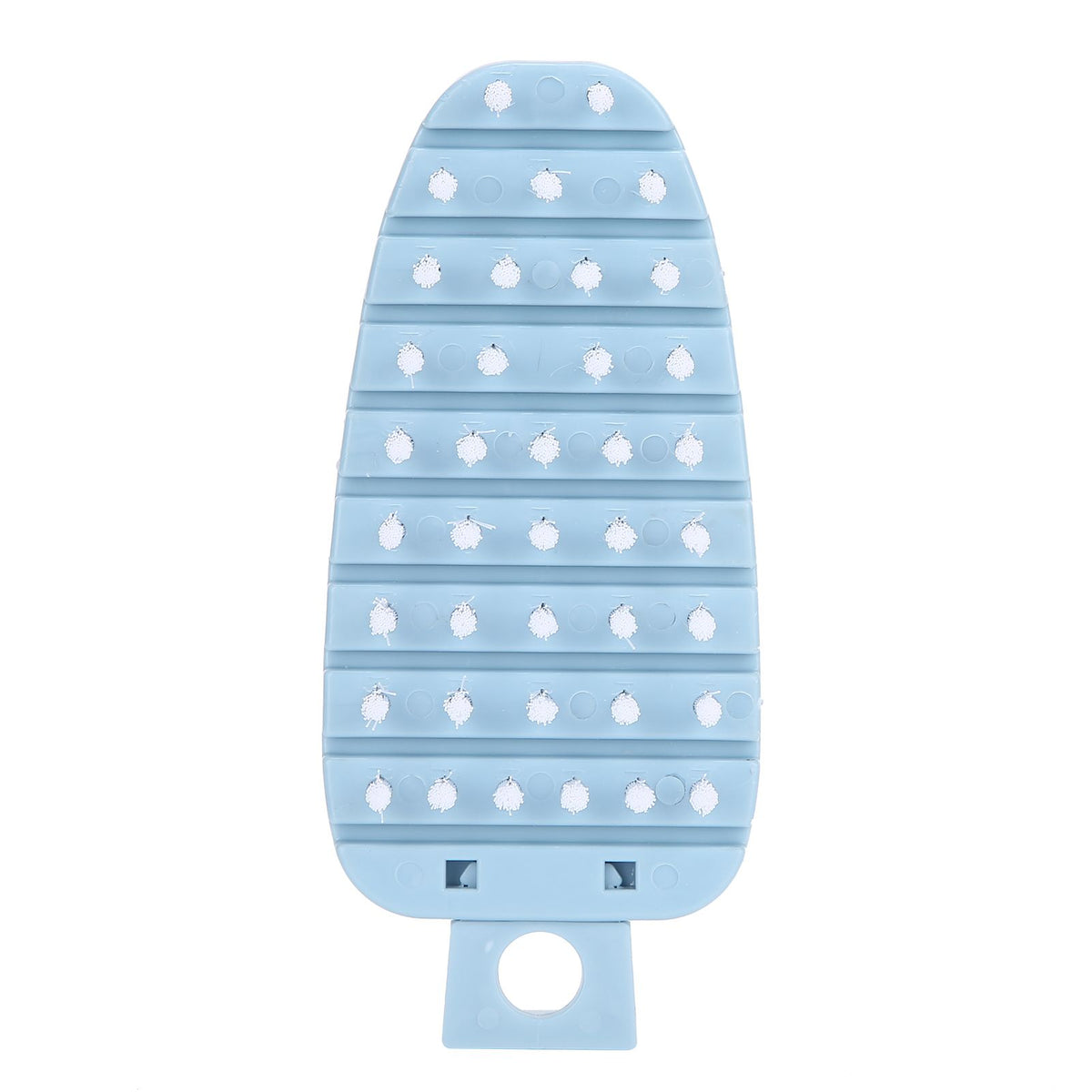 Blue carrot-shaped vegetable and fruit scrubber brush for kitchen cleaning, ideal for washing vegetables and potatoes.