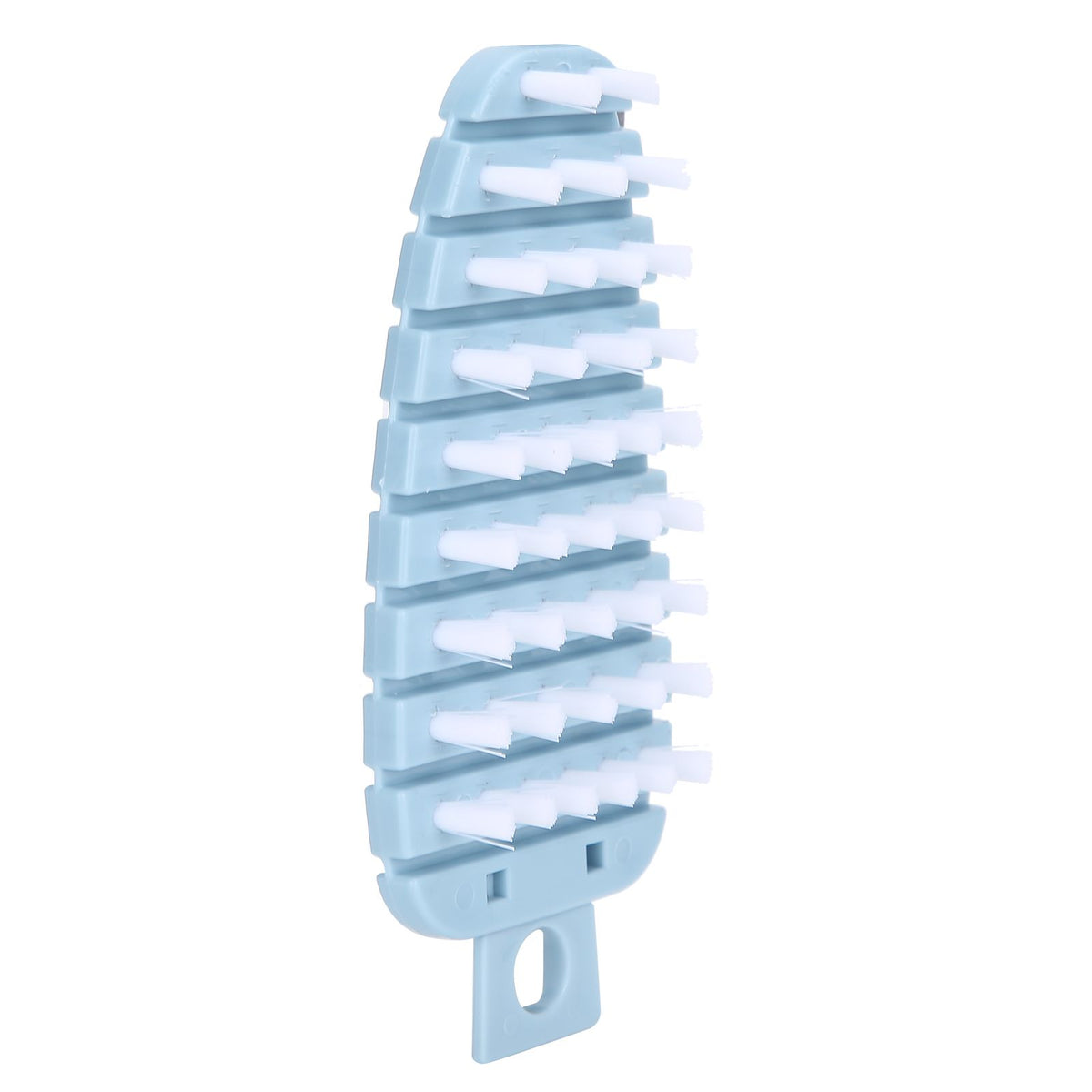 Blue carrot-shaped vegetable brush for scrubbing potatoes, fruits, and vegetables in the kitchen.