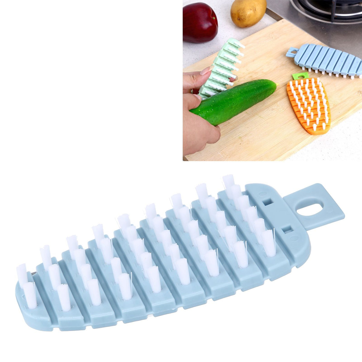 Blue carrot-shaped vegetable brush for scrubbing potatoes and fruits, designed for kitchen cleaning and food preparation.
