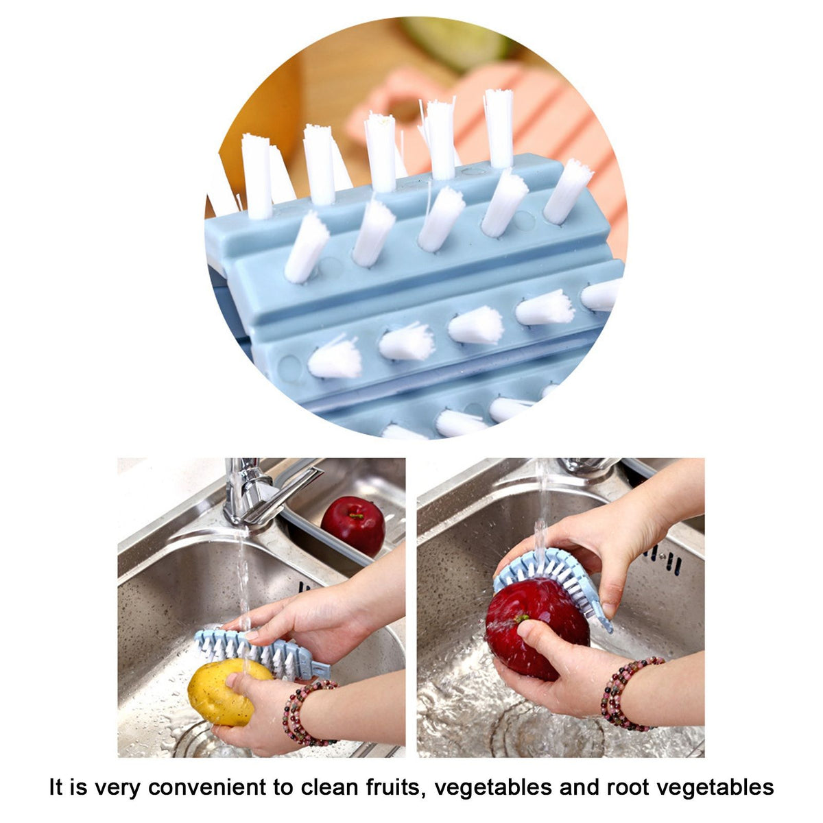 Blue carrot-shaped vegetable and fruit scrubber brush, ergonomic kitchen cleaning tool for potatoes and vegetables.
