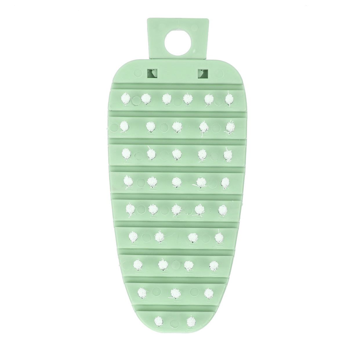 Green carrot-shaped vegetable brush for cleaning potatoes, fruits, and vegetables, ideal for kitchen scrubbing.