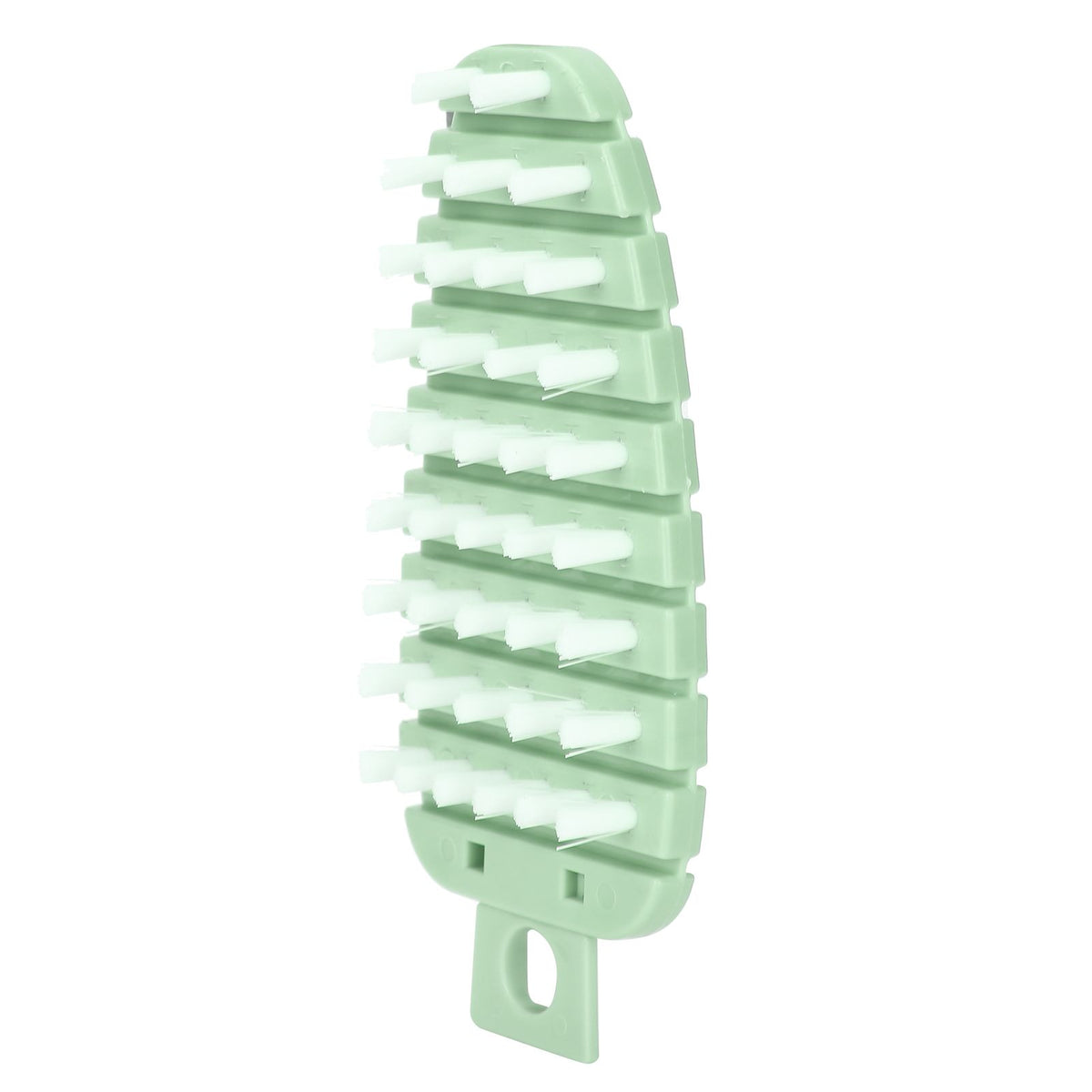 Green carrot-shaped vegetable brush with ergonomic handle for scrubbing potatoes, fruits, and vegetables in the kitchen.