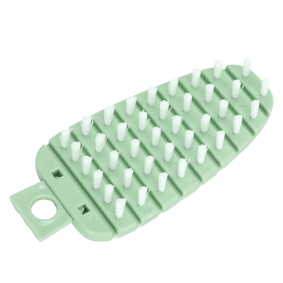Green carrot-shaped vegetable brush for scrubbing potatoes, fruits, and vegetables, designed for kitchen cleaning.