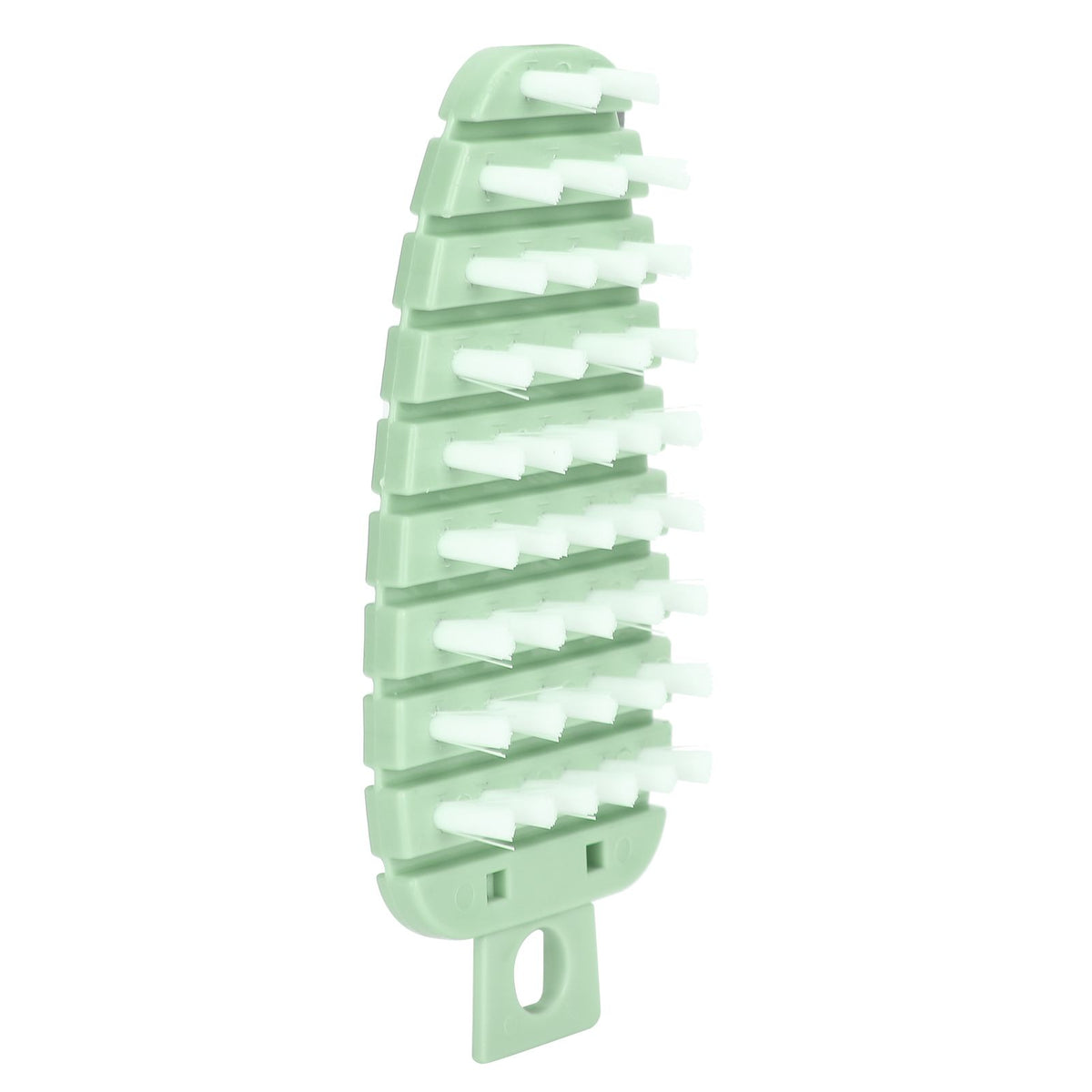Green carrot-shaped vegetable brush by Everything Baby for cleaning potatoes, fruits, and vegetables in the kitchen.