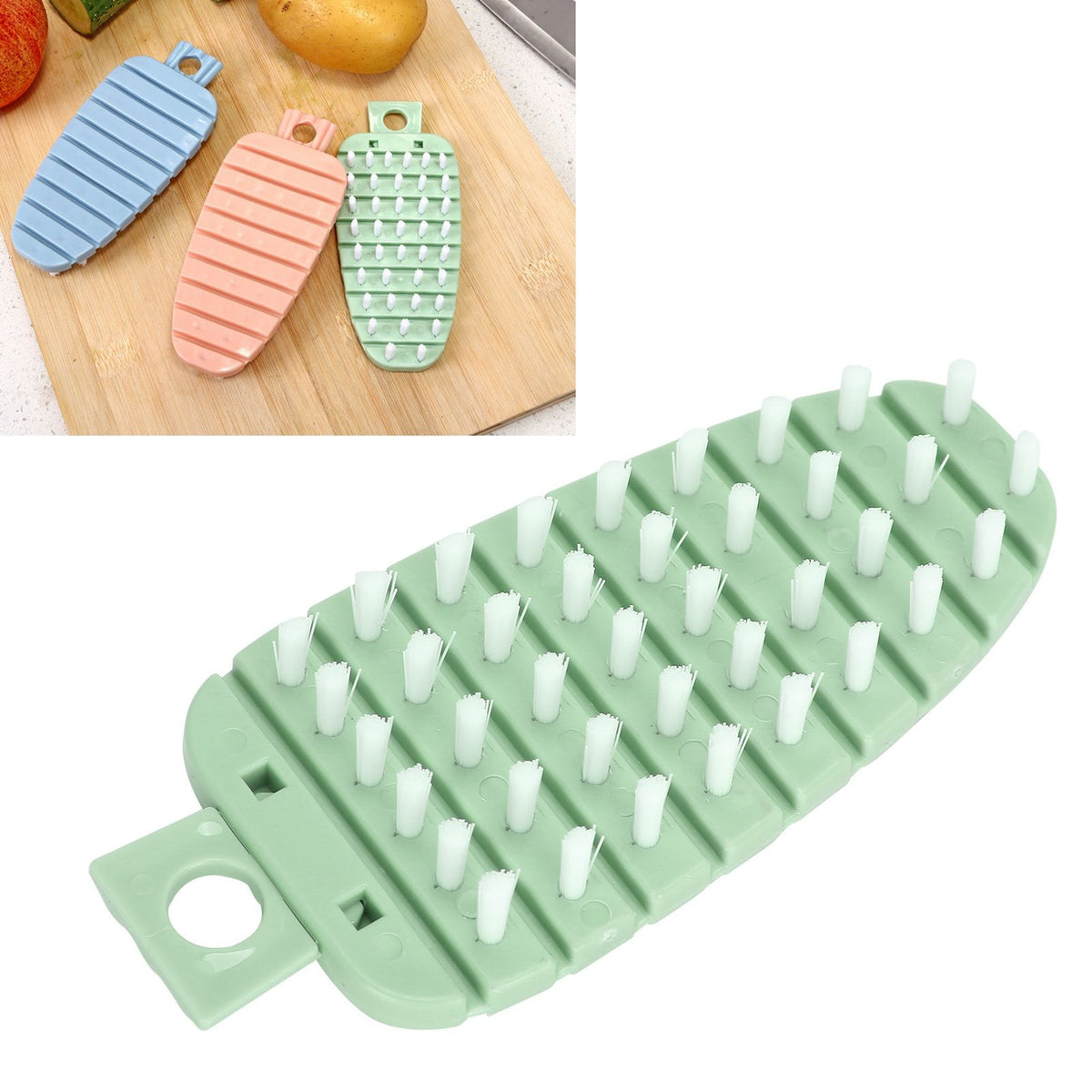 Green carrot-shaped vegetable brush for scrubbing potatoes, fruits, and vegetables, ideal for kitchen cleaning.