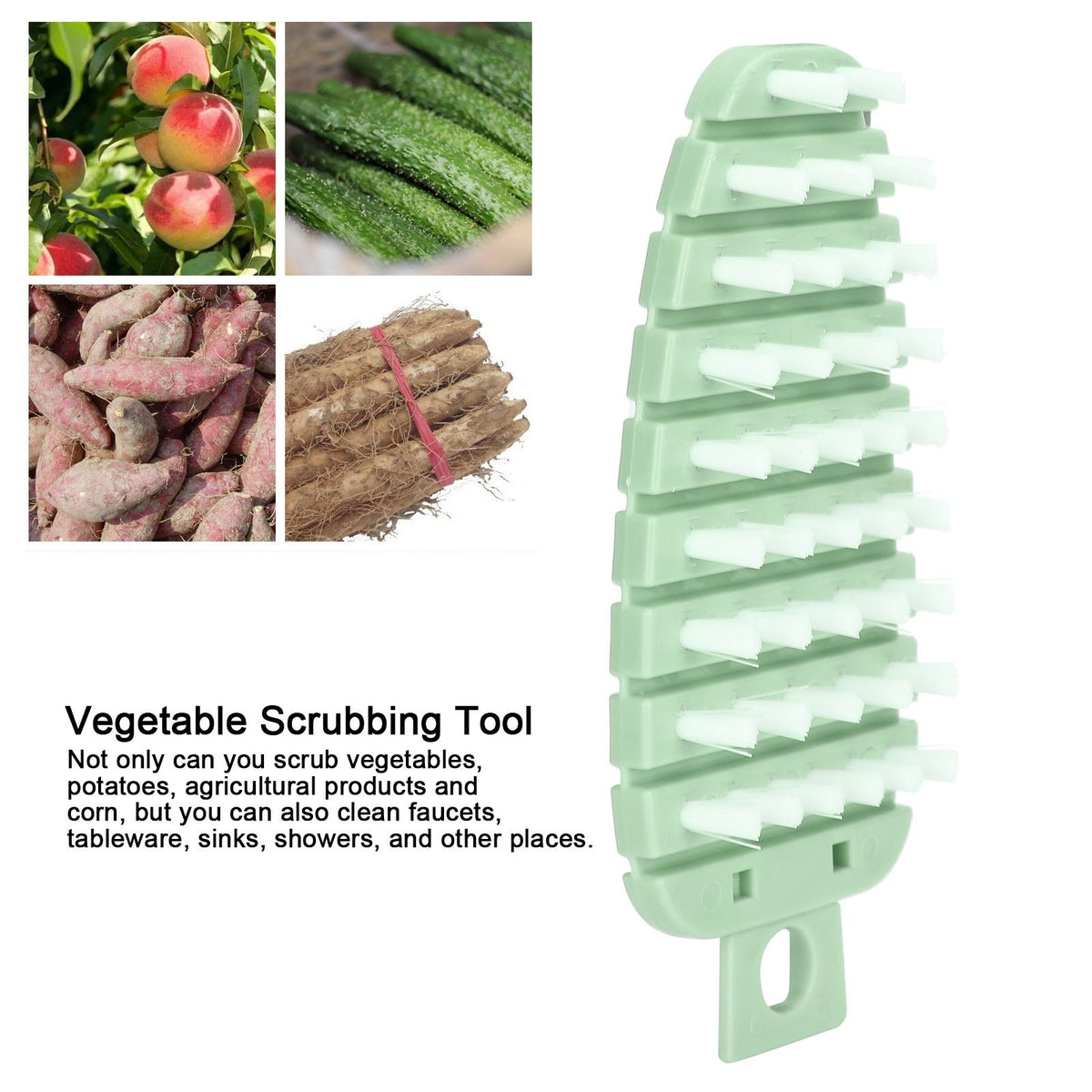 Green carrot-shaped vegetable brush with bristles, designed for scrubbing potatoes, vegetables, and fruits in the kitchen.