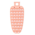 Pink carrot-shaped vegetable brush for scrubbing potatoes and fruits, ideal for kitchen cleaning and food preparation.
