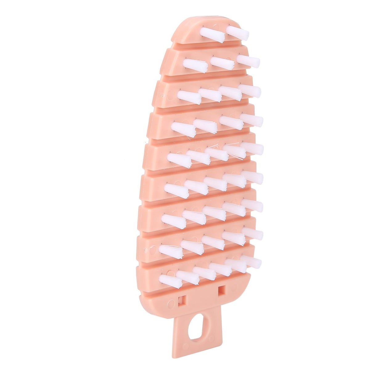 Pink carrot-shaped vegetable and fruit scrub brush with bristles, designed for cleaning vegetables and potatoes in the kitchen.