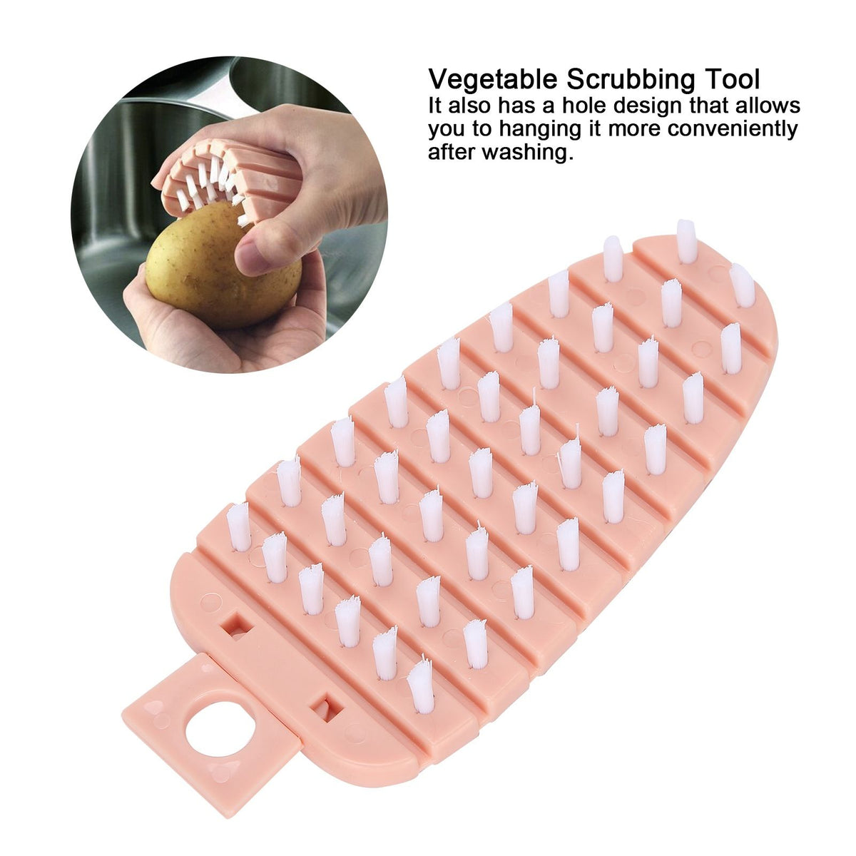 Pink carrot-shaped vegetable brush for scrubbing potatoes and fruits, ideal for kitchen cleaning from Everything Baby.
