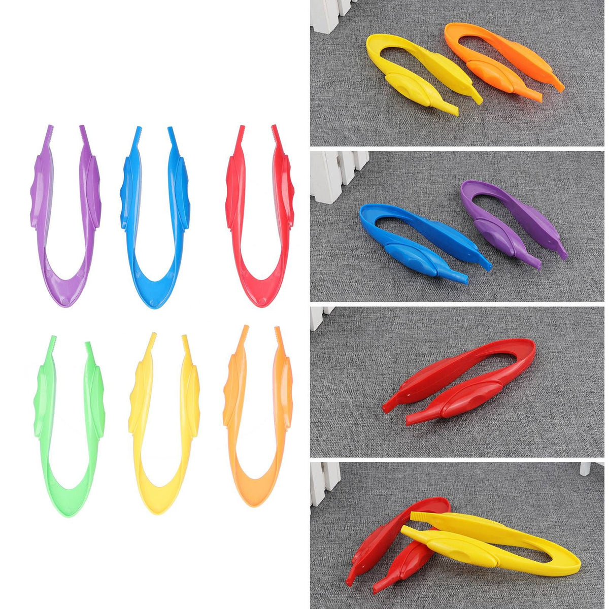 Six plastic tweezers with colorful handles for outdoor exploration and observation in children's educational outdoor play equipment.