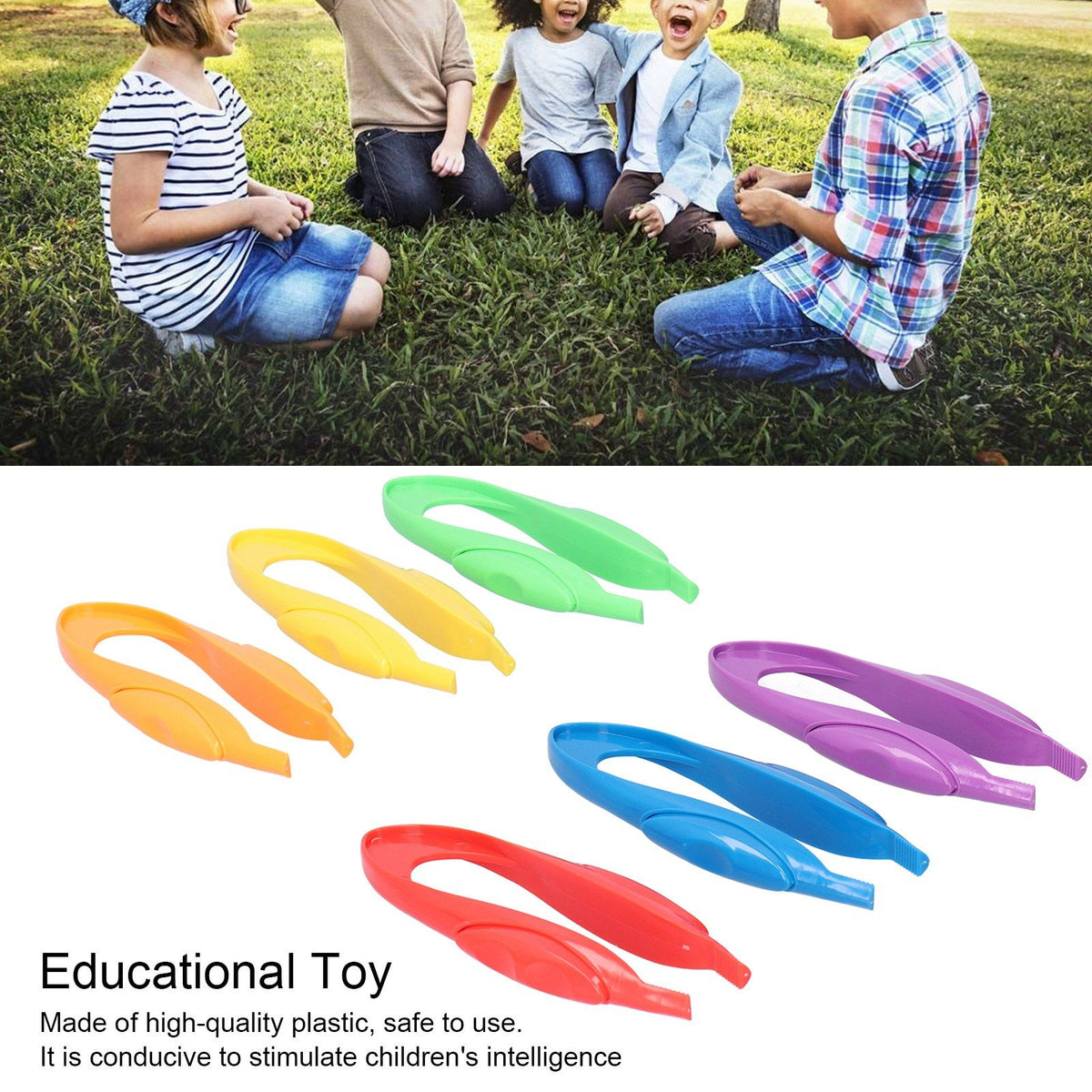 Six plastic tweezers with colorful handles for outdoor exploration and observation, designed for children's educational outdoor play.