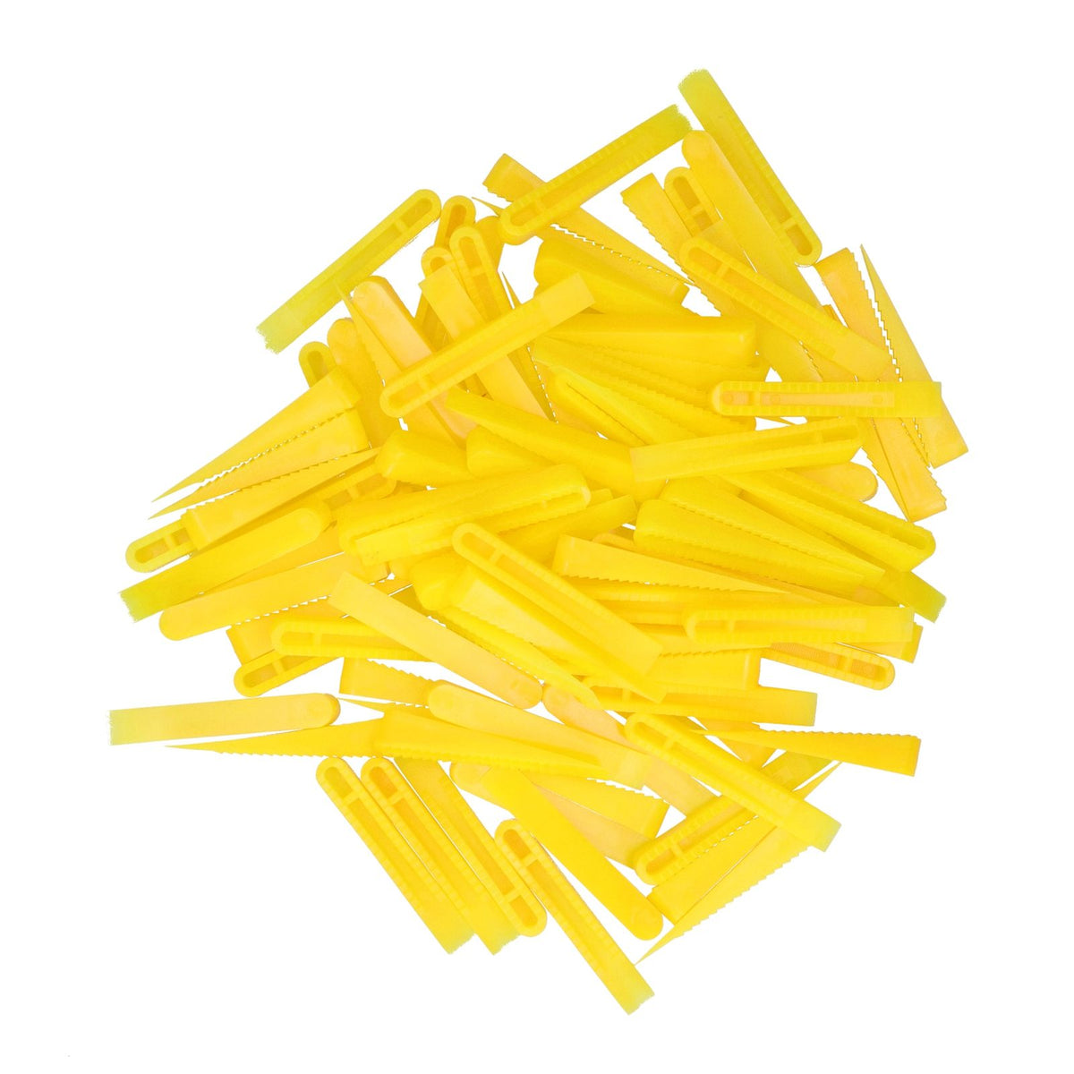 Set of 100 ceramic tile leveling wedges from Everything Baby, used for floor construction and tile installation.