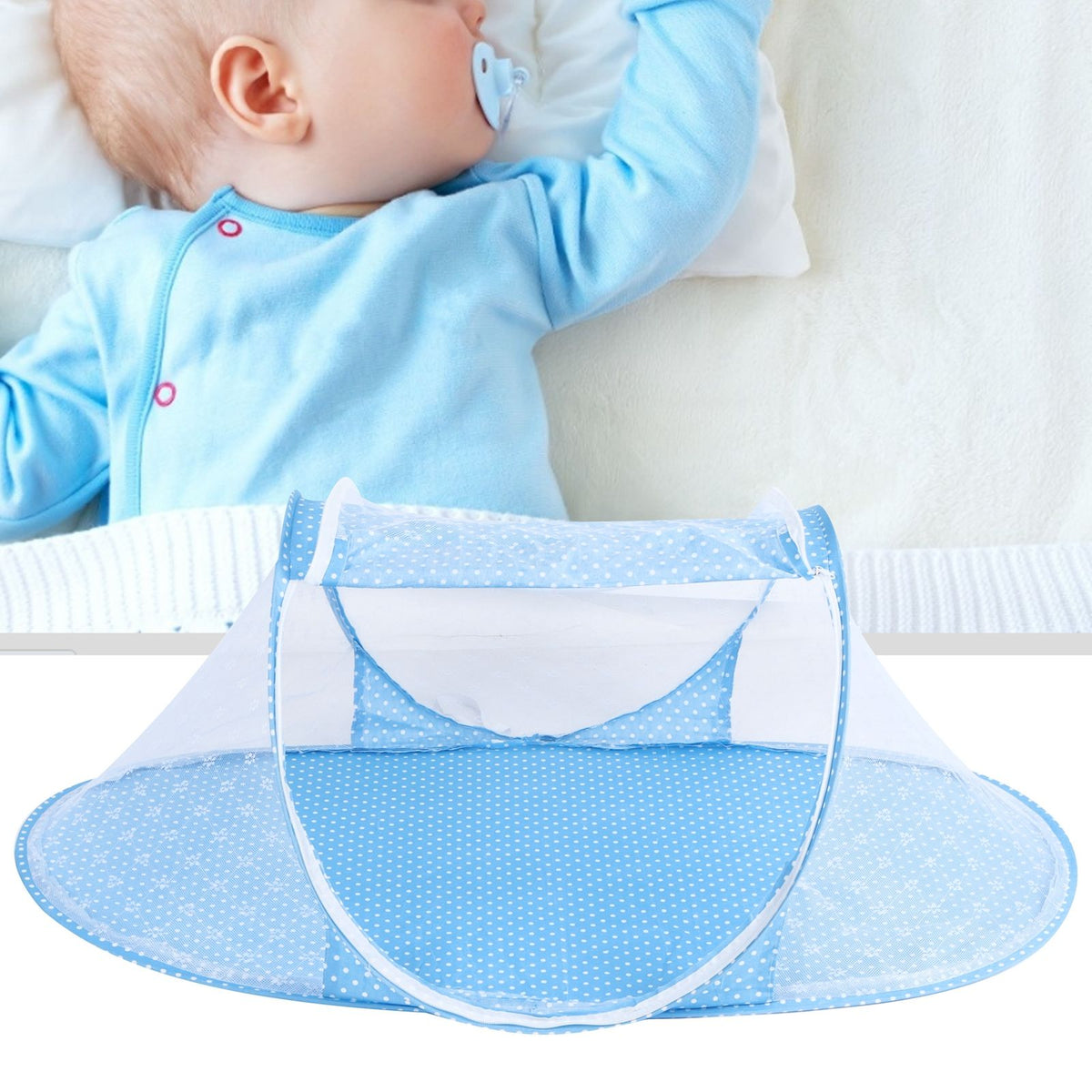Portable baby mosquito netting from Everything Baby, folding crib cover for outdoor use, keeps babies protected from insects during summer.