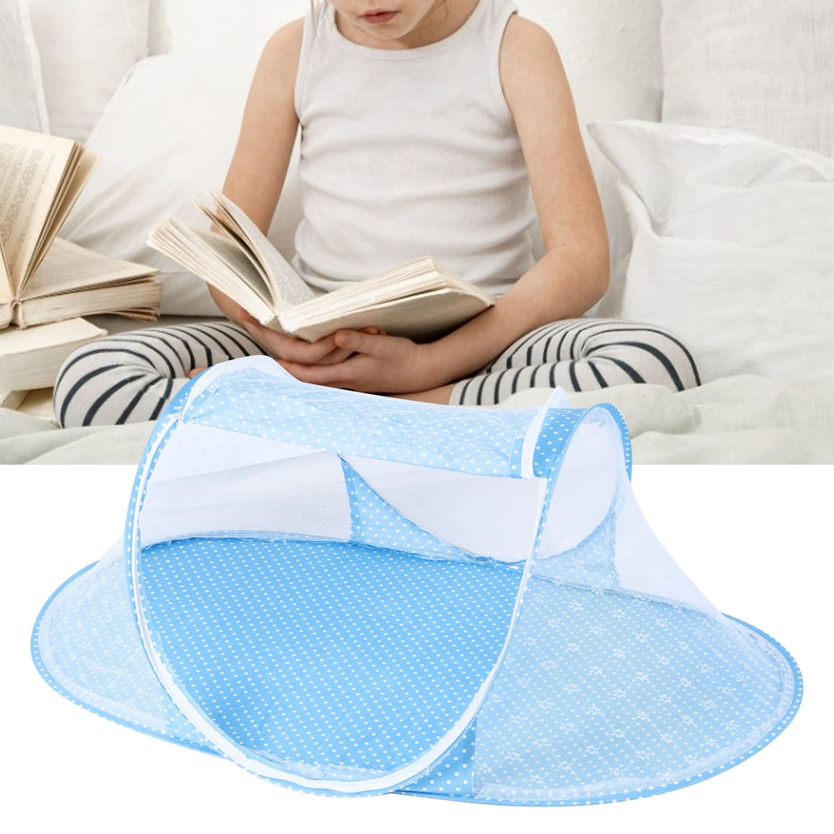 Portable baby mosquito netting for folding crib by Everything Baby, designed to keep children protected from insects during outdoor play.