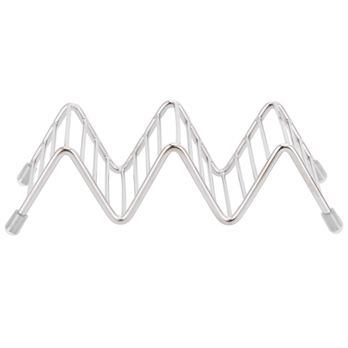 Stainless steel taco holder tray with 2/3 grid design, ideal for kitchen and restaurant use for serving tacos and snacks.